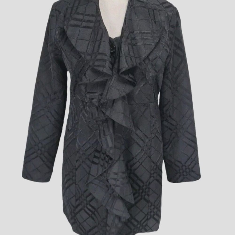 Anthropologie Tabitha Black Textured Ruffle Trim Black Coat‎ Sz S